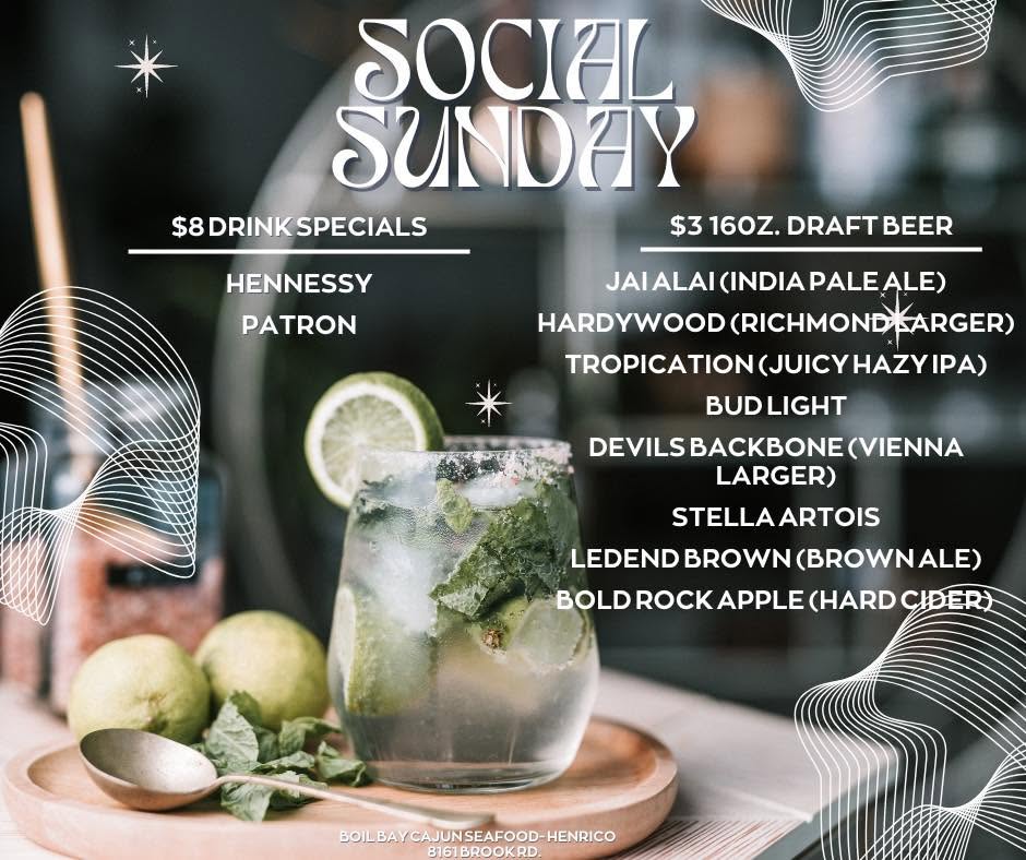 Social Sunday — $8 Drink Specials at Boil Bay